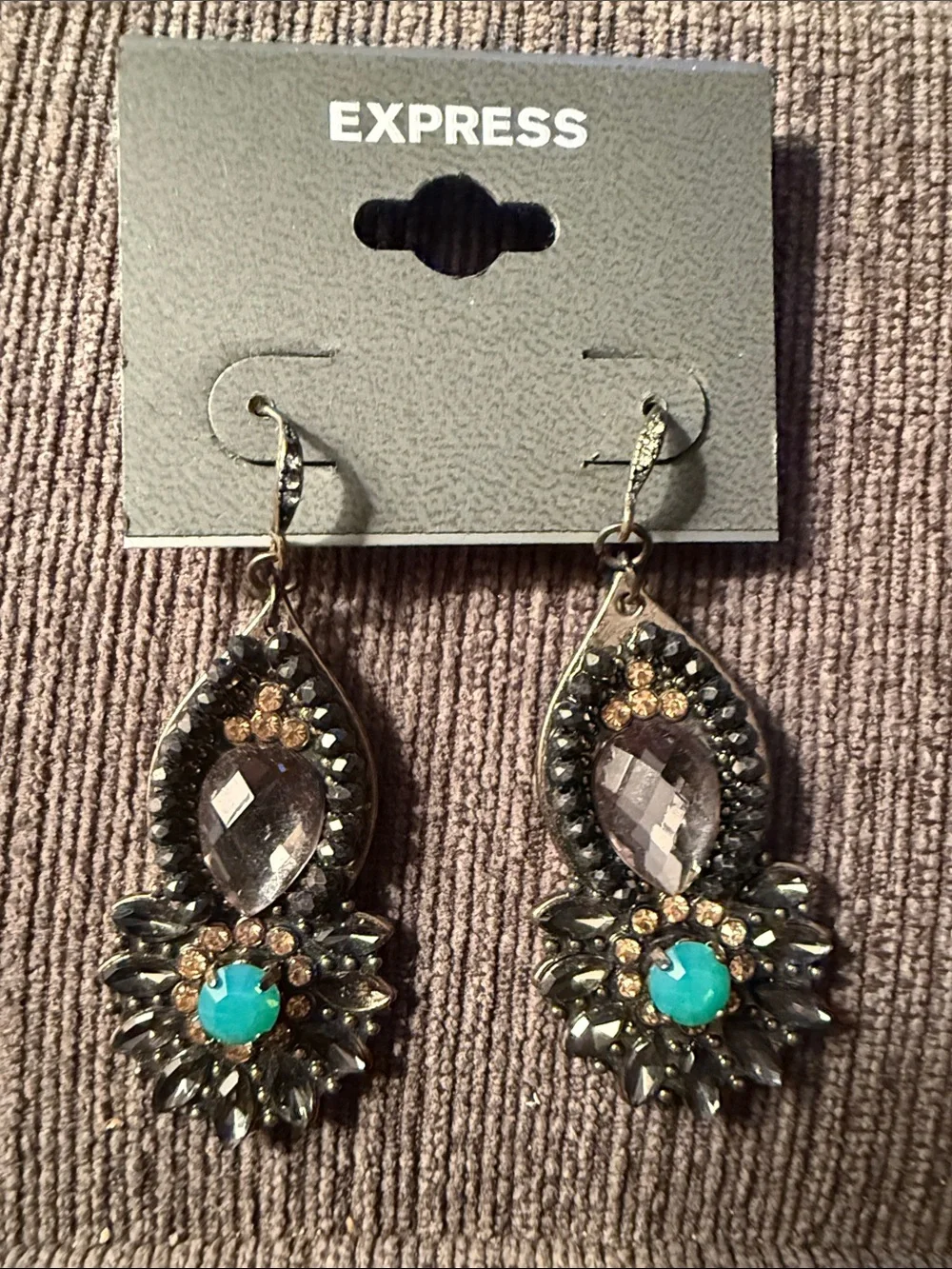 Express Gold-Tone Teardrop Earrings with Turquoise and Gray Stones